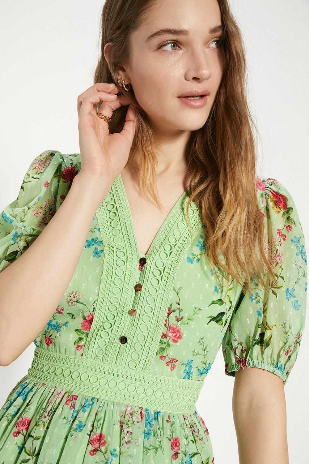 Oasis Petite Delicate Floral Lace Dobby Midi Dress Sage image 2