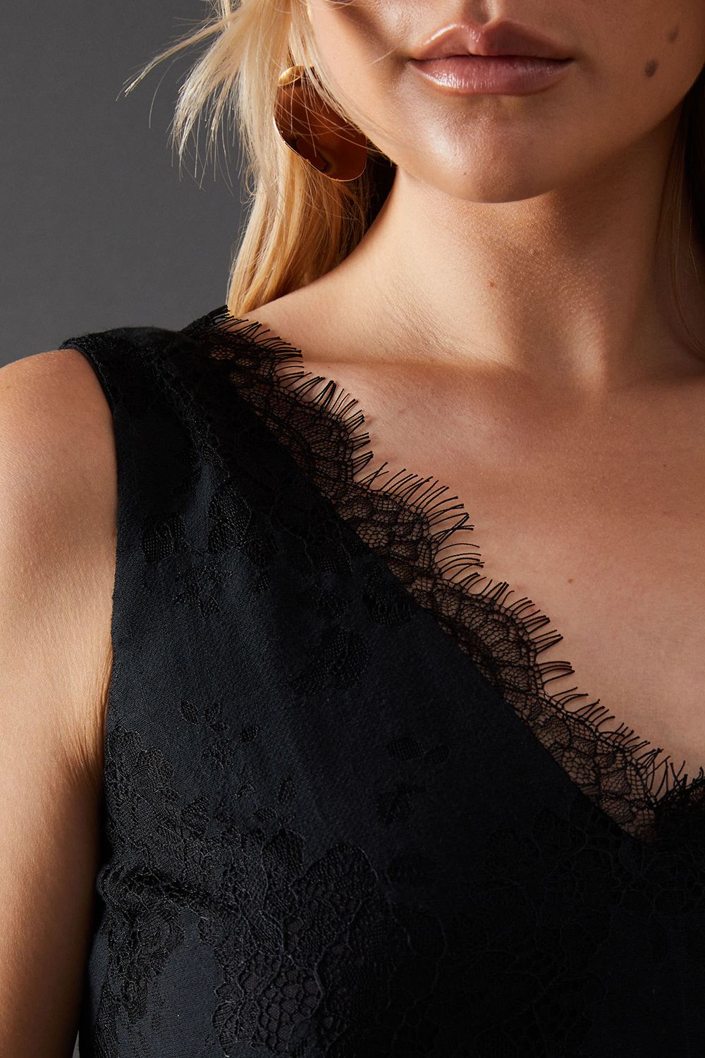 Warehouse Lace Burnout V Neck Trapeze Midi Dress Black image 5