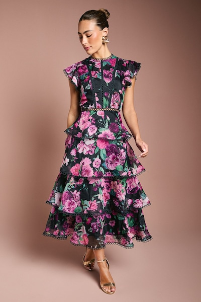 Coast Lace Trim Tiered Organza Midi Dress Navy