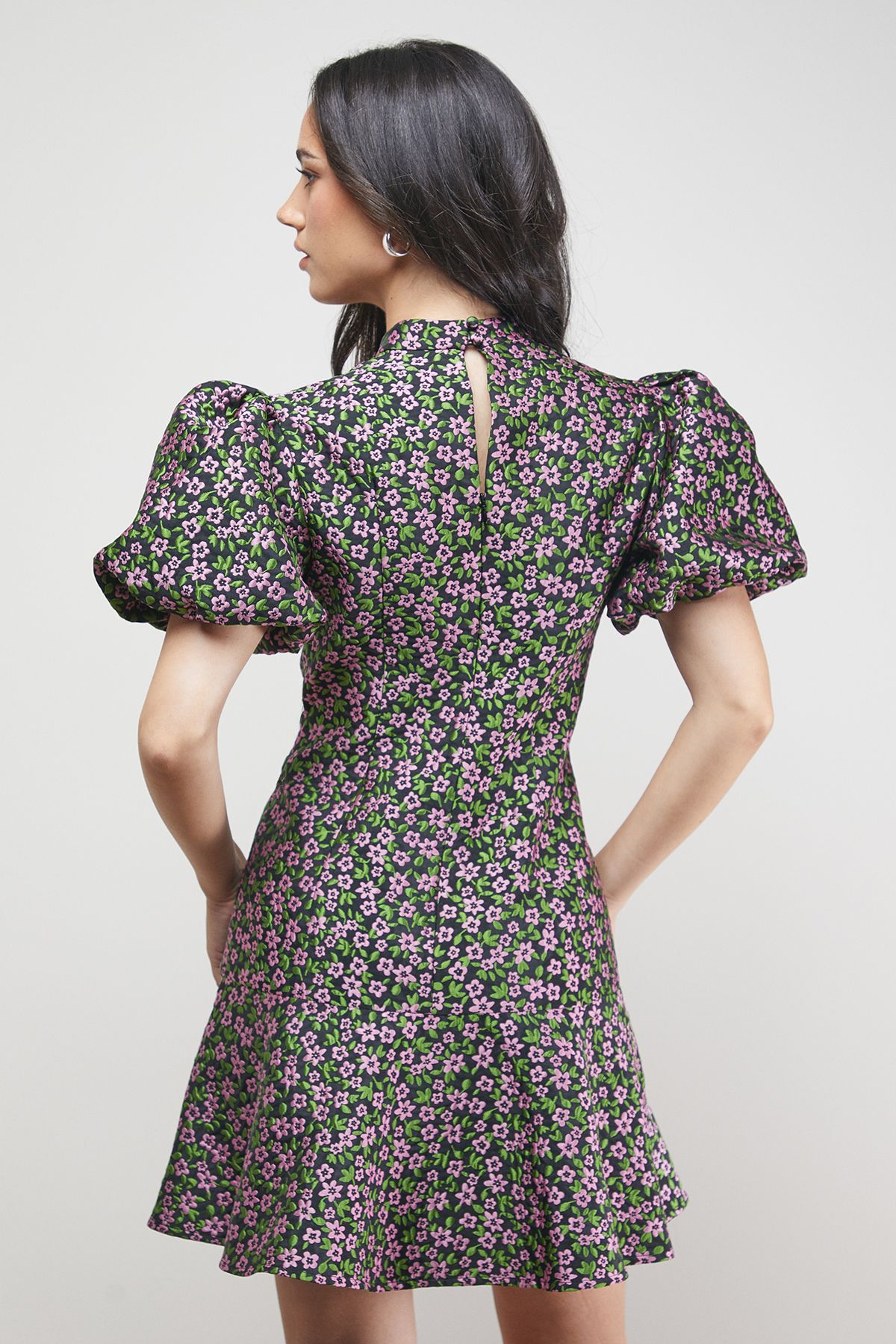 Oasis Floral Jacquard High Neck Puff Sleeve Peplum Mini Dress Black image 3