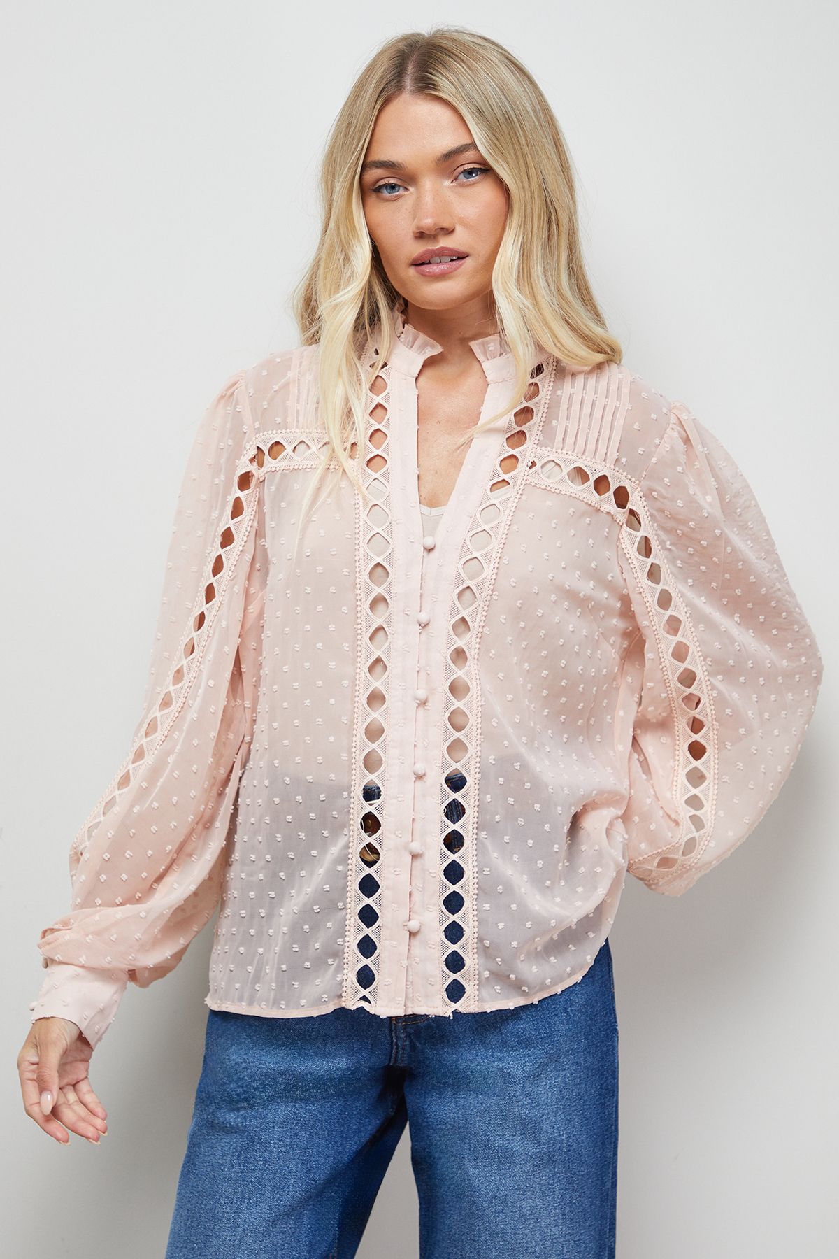 Oasis Dobby Chiffon Trim Detail Button Down Blouse Rose image 4