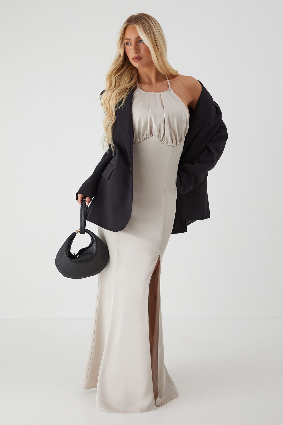 MissPap Halter Neck Split Hem Maxi Dress Champagne