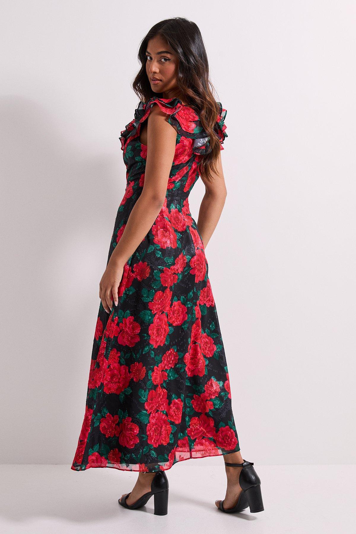 【国内即発】Dorothy Perkins☆Black フローラルワンピース Dresses | Chiffon Floral Ruffle Midi Dress | Dorothy Perkins
