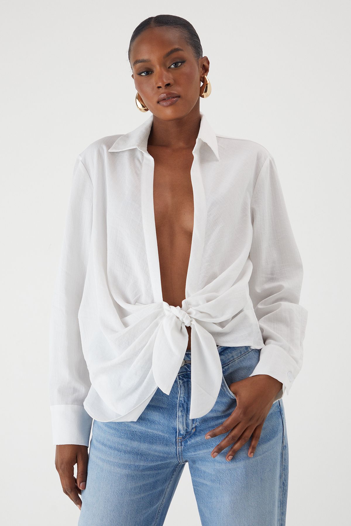 MissPap Linen Look Tie Side Oversized Shirt White image 1