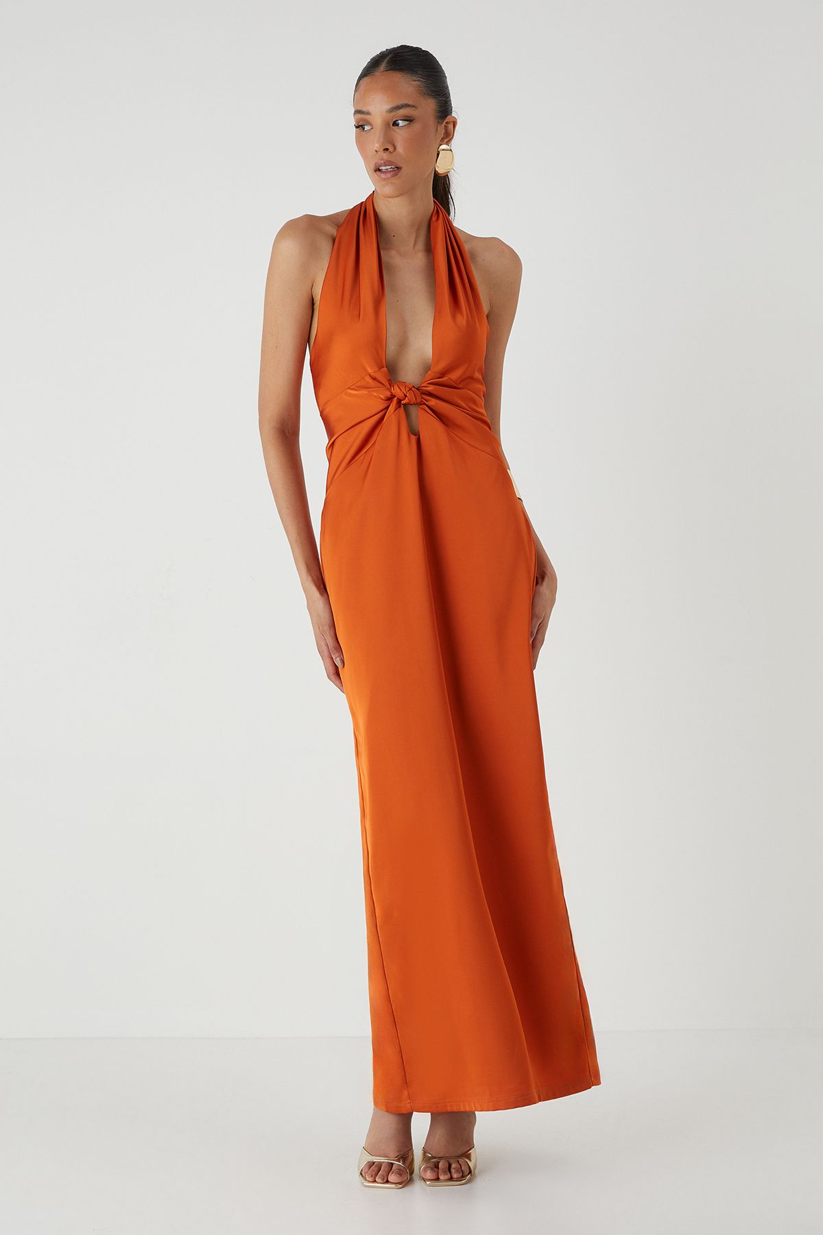 MissPap Knot Detail Satin Maxi Dress Orange image 1