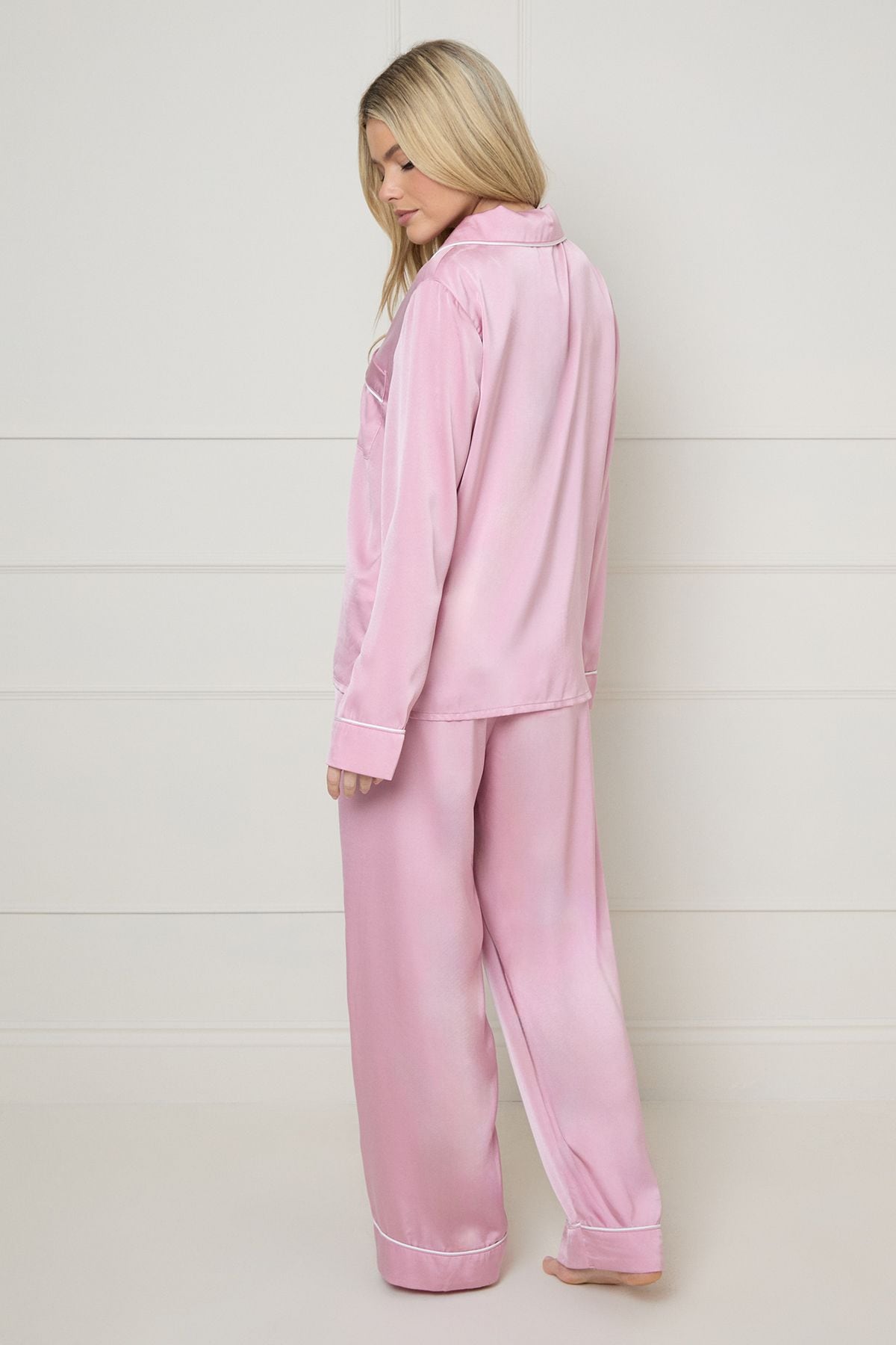 Oasis Plain Satin Contrast Binding Nightwear set Pink image 3