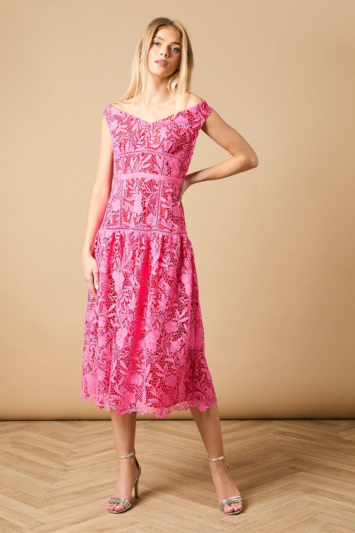 Oasis Pink Floral Lace Off The Shoulder Midi Dress PLT