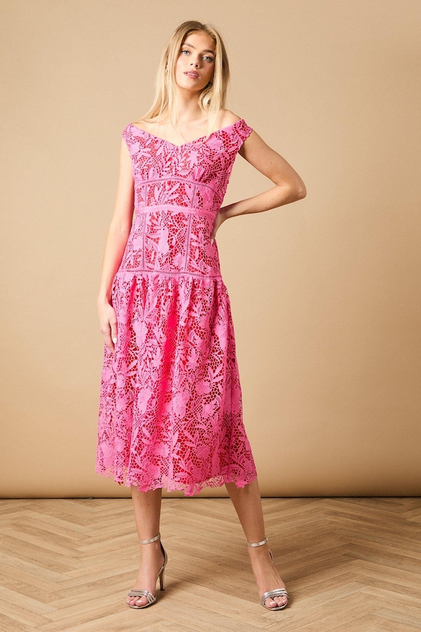 Oasis Floral Lace Off The Shoulder Midi Dress Pink