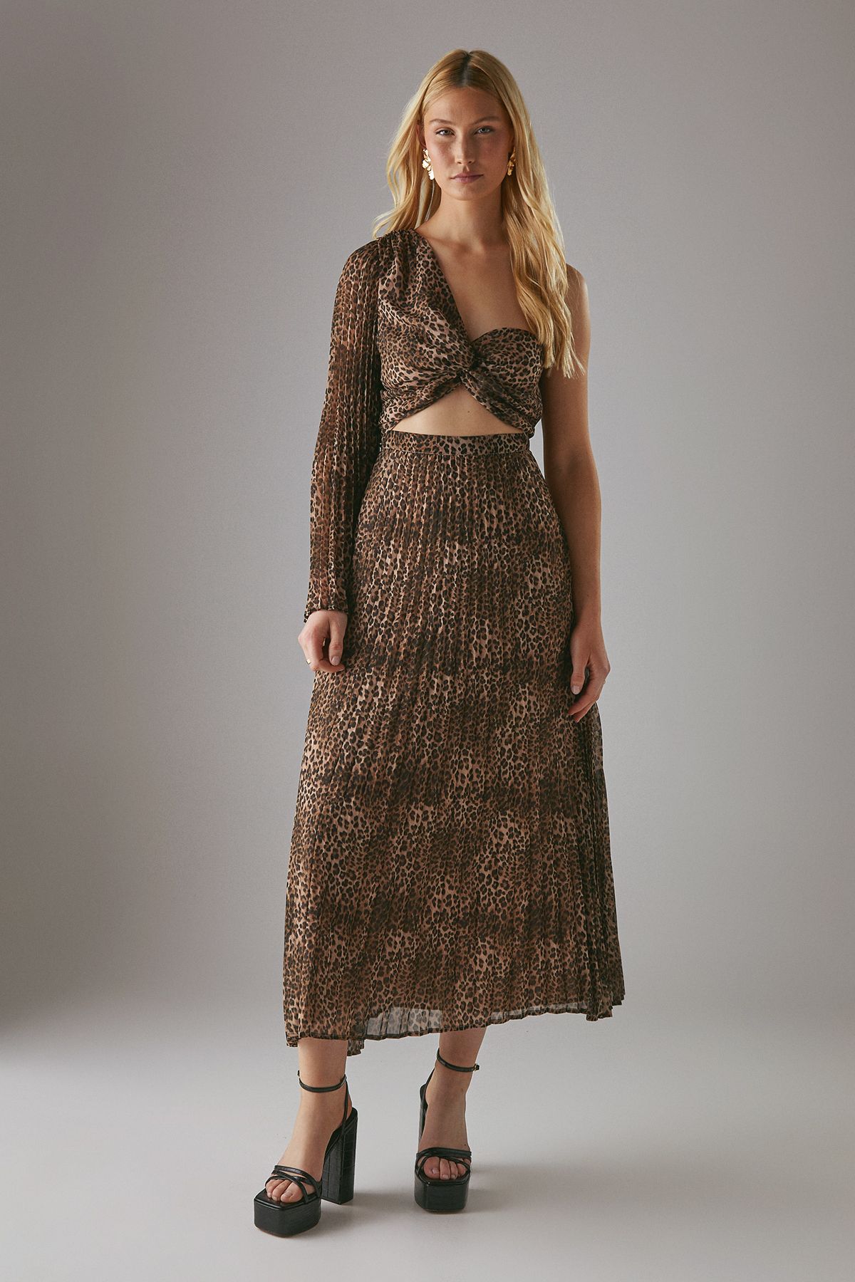Warehouse Chiffon Pleated One Shoulder Cut Out Midi Dress Animal
