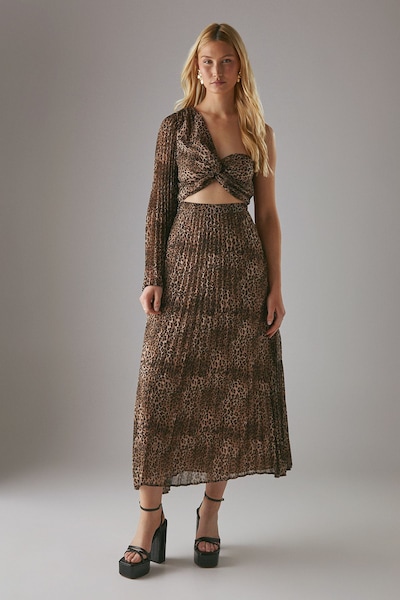 Warehouse Chiffon Pleated One Shoulder Cut Out Midi Dress Animal