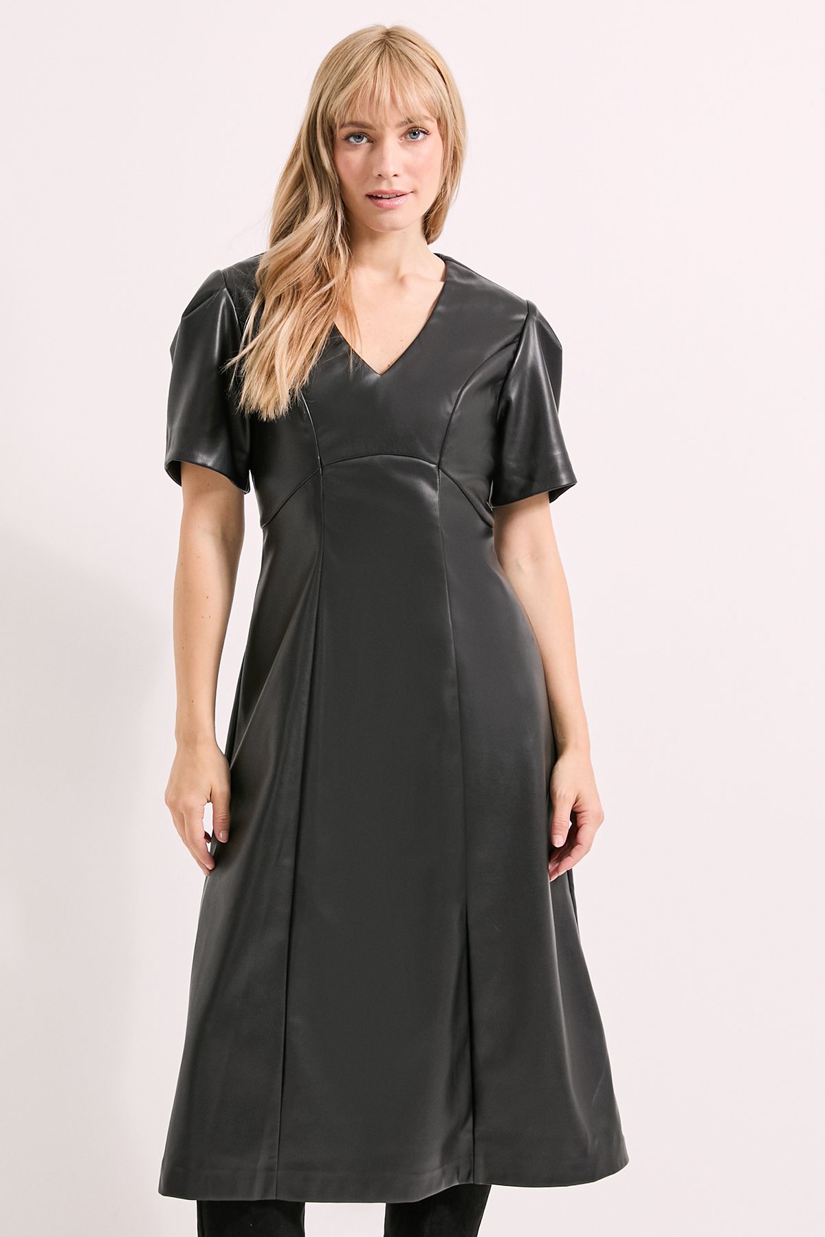 Principles Black V Neck Fit & Flare PU Midi Dress Black image 2
