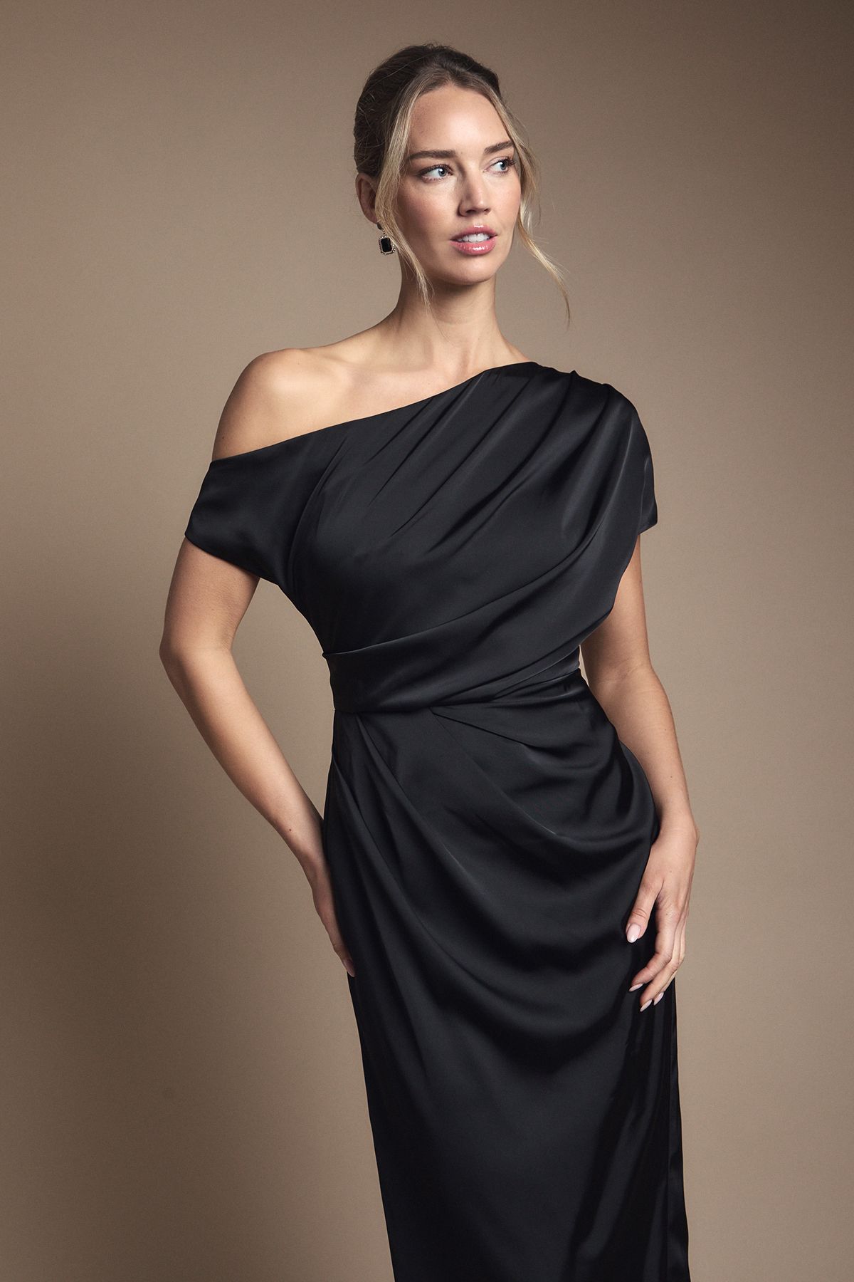 Coast Satin Ruched Detail Off The Shoulder Maxi Bridesmaid Dress Black image 2