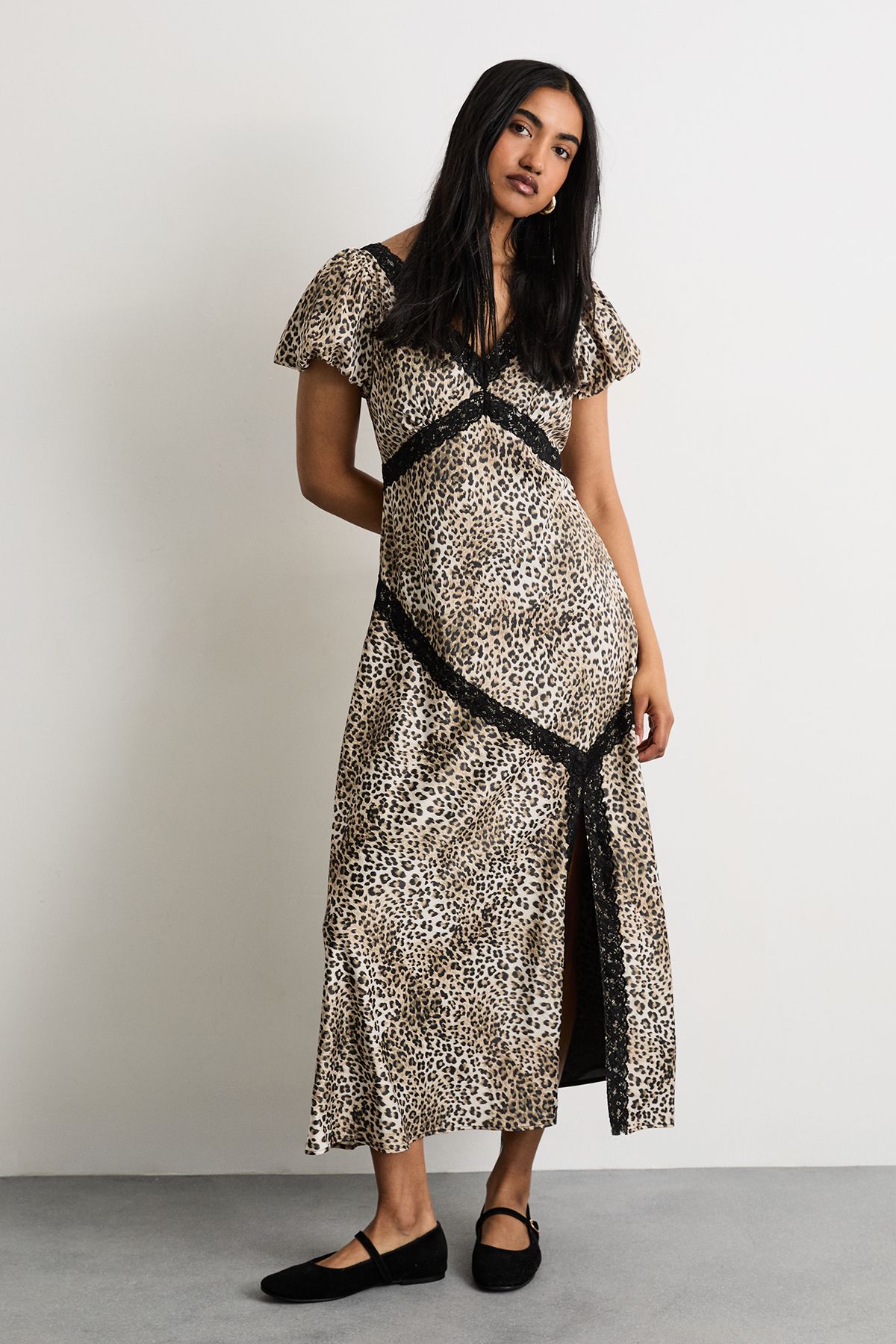 Warehouse Animal Print Puff Sleeve Lace Trim Midi Dress With Split Animal