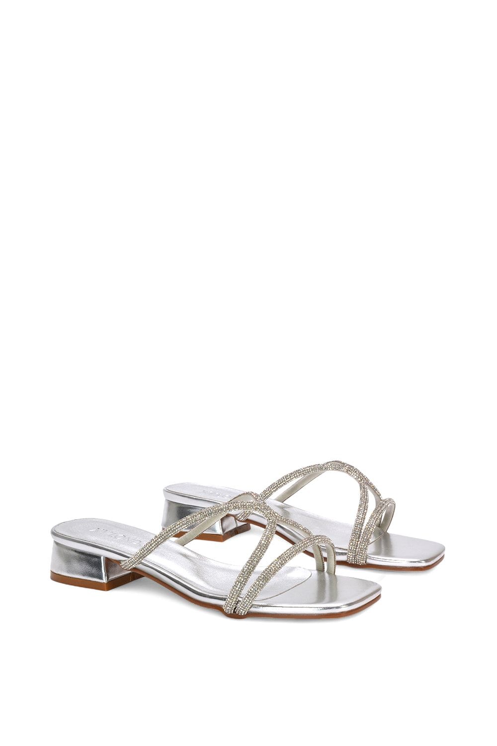 XY London 'Olivia' Strappy Low Block Heel Diamante Sandals With Square Toe image 3