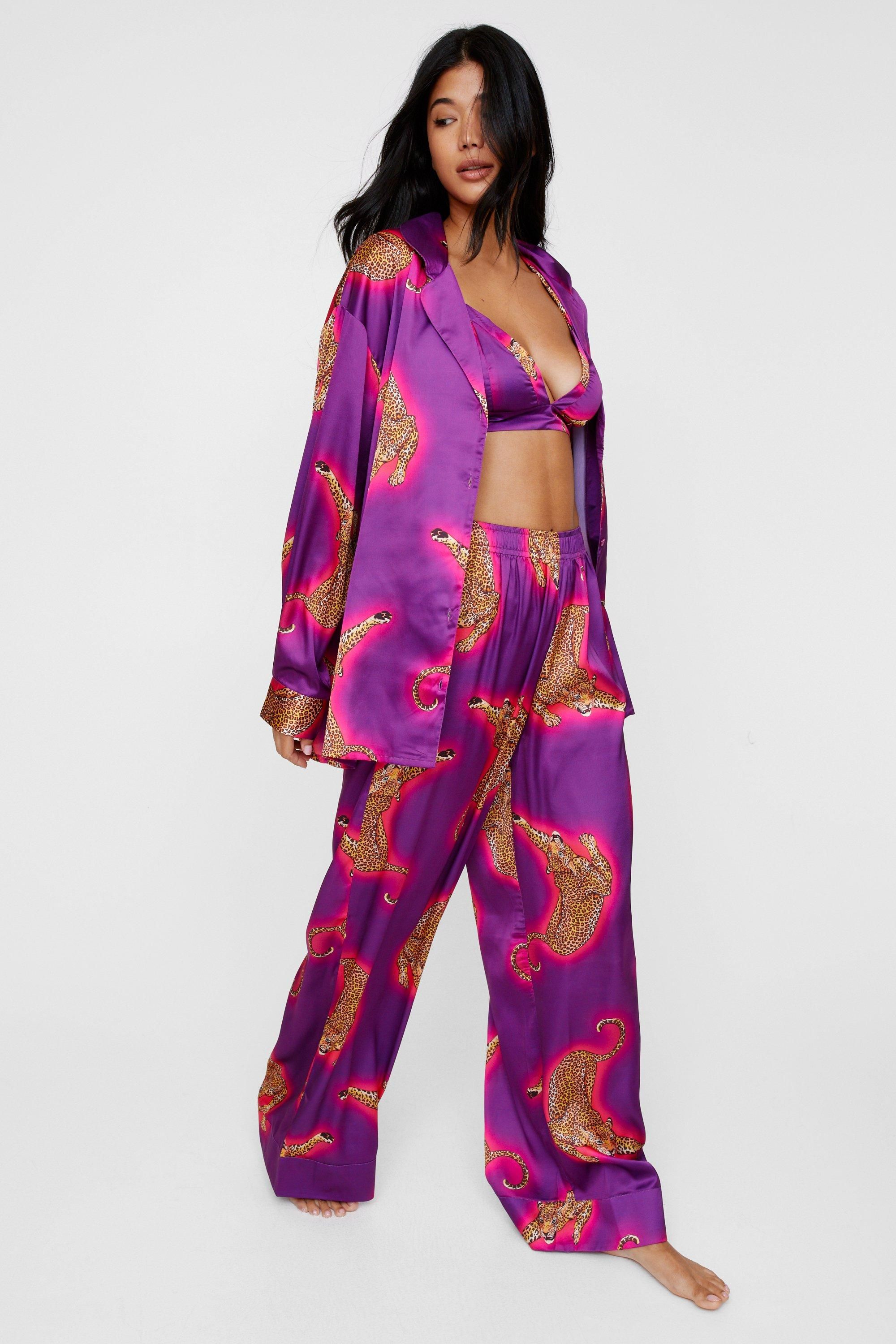 NastyGal Satin Leopard 3pc Shirt Bralette & Pants Pajama Set Purple image 3