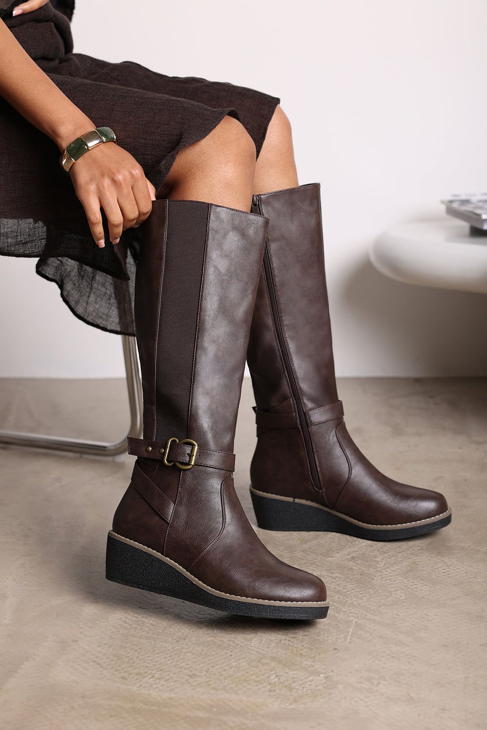 Where's That From 'Regina' Faux Leather Knee High Wedge Boots With Strap And Buckle image 5