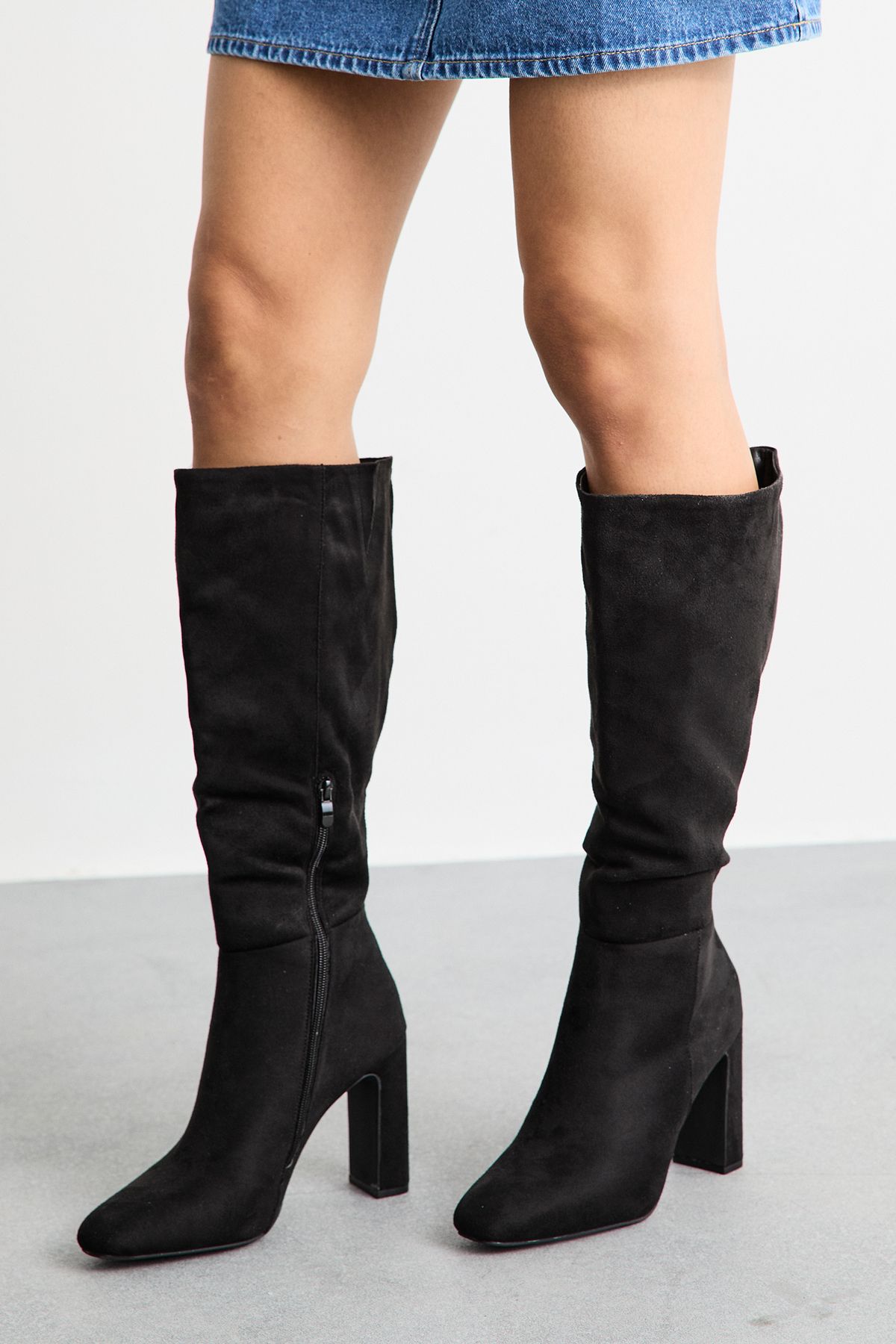 MissPap Almond Toe High Block Heel Knee Boots Natural Black image 1