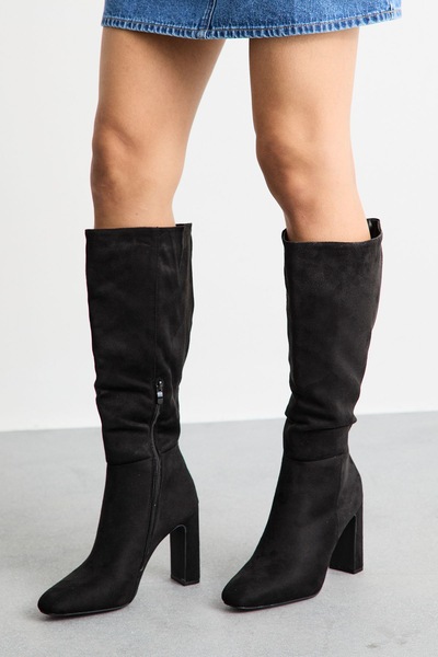 MissPap Almond Toe High Block Heel Knee Boots Natural Black