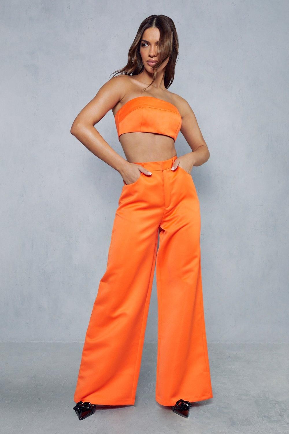 MissPap Premium Tailored Satin High Waisted Wide Leg Trousers Orange image 2