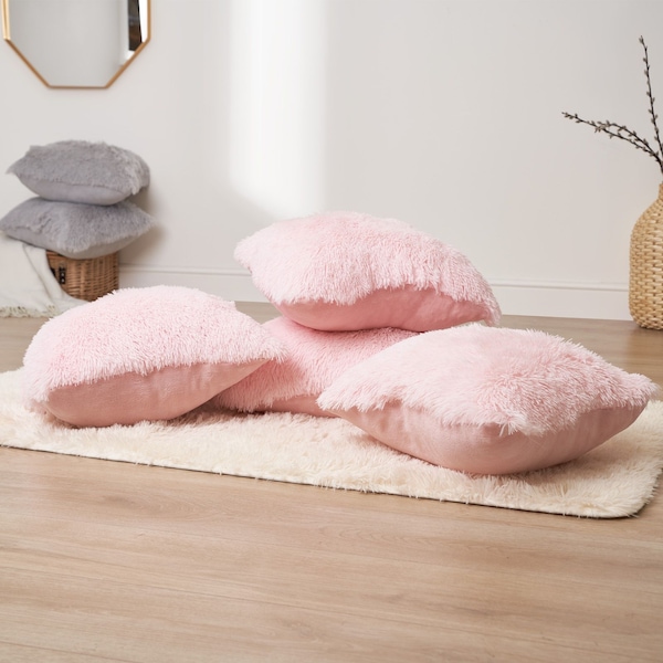 OHS Set of 2 Fluffy Shaggy Filled Cushion with Cover Square