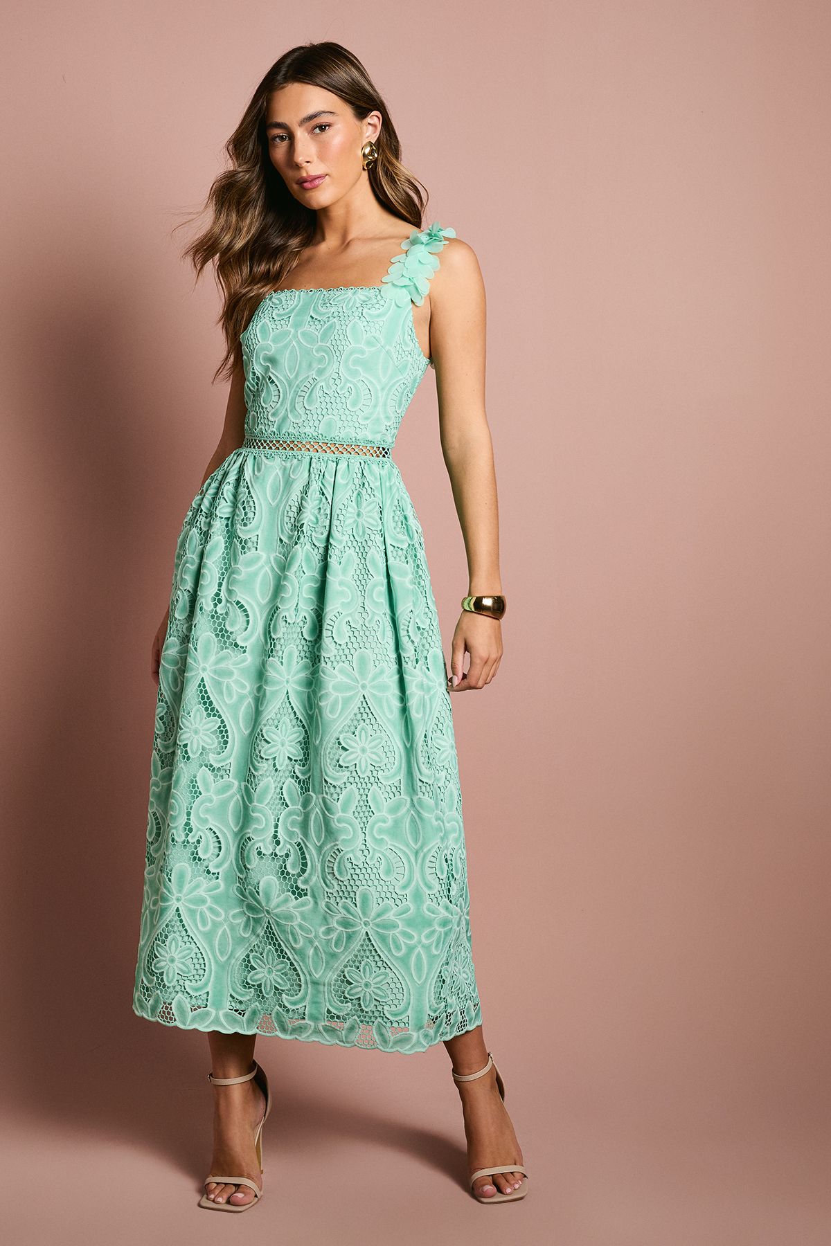 Coast Teal 3D Flower Trim Lace Midi Dress PLT