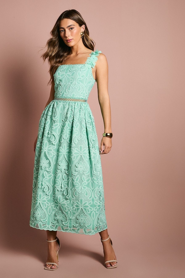 Coast 3D Flower Trim Lace Midi Dress Teal