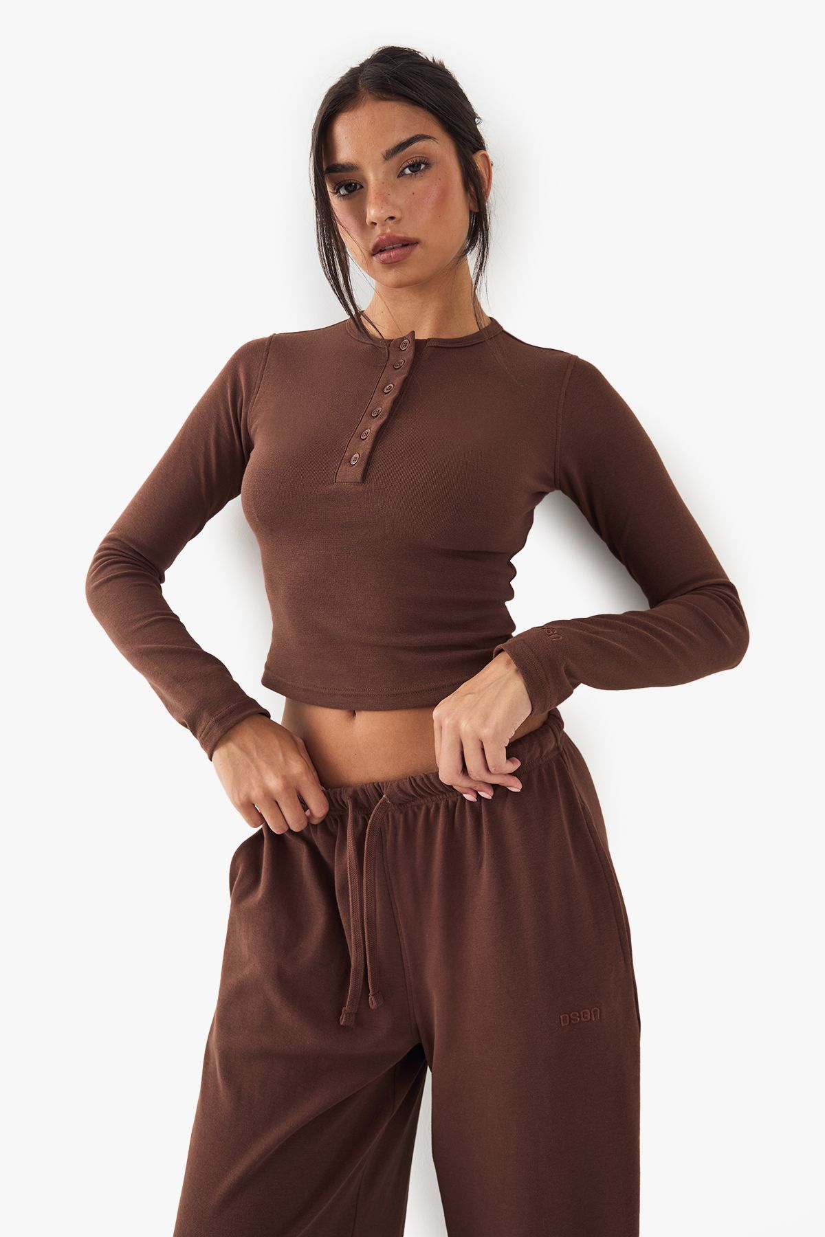 DSGN Studio DSGN Studio Button Detail Embroidered Long Sleeve Top Chocolate image 1