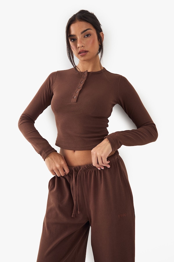 DSGN Studio DSGN Studio Button Detail Embroidered Long Sleeve Top Chocolate