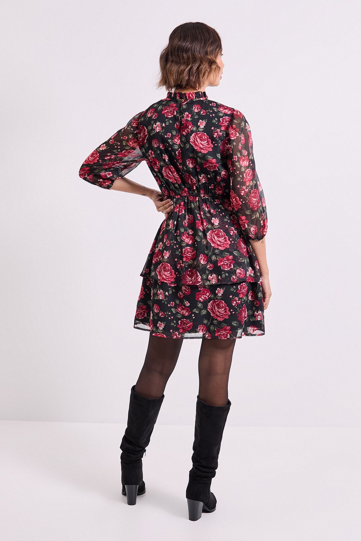 Dorothy Perkins Floral Frill Neck Tiered Skirt Printed Mini Dress Floral image 3