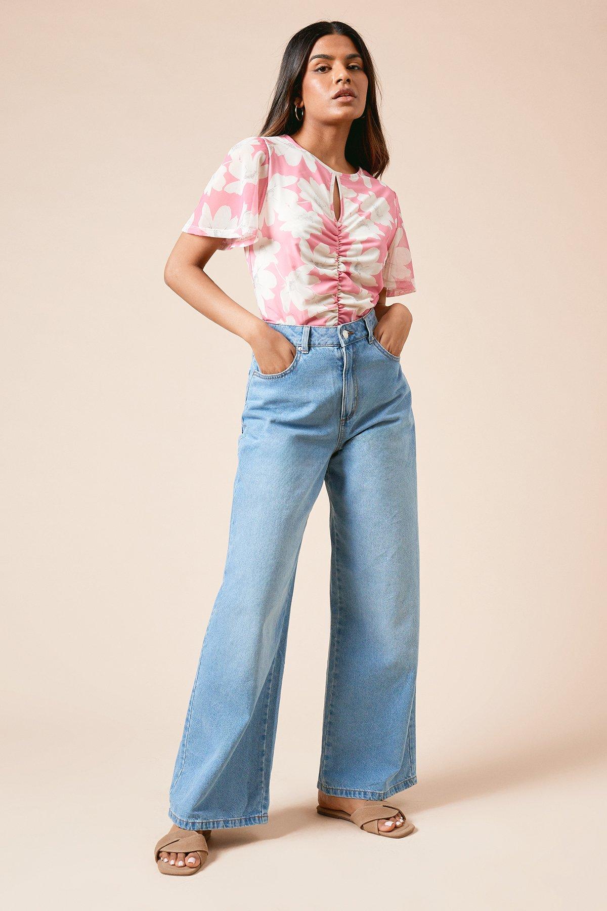 Dorothy Perkins Petite Pink Floral Keyhole Ruched Front Angel Sleeve Jersey Mesh Top Pink image 2