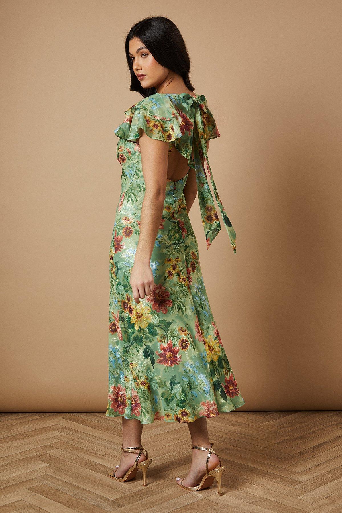 Oasis Floral Satin Burnout Ruffle Midi Dress Sage image 3