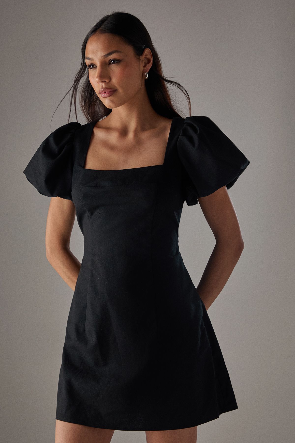 Warehouse HCD Linen Square Neck Puff Sleeve Mini Dress Black image 1