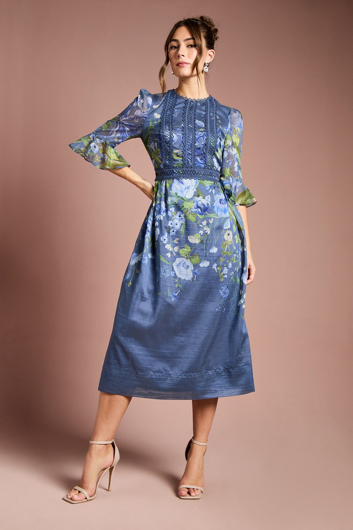 Coast Placement Print 3/4 Sleeve Organza Midi Dress Blue image 1