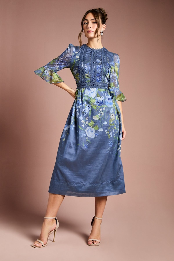 Coast Placement Print 3/4 Sleeve Organza Midi Dress Blue