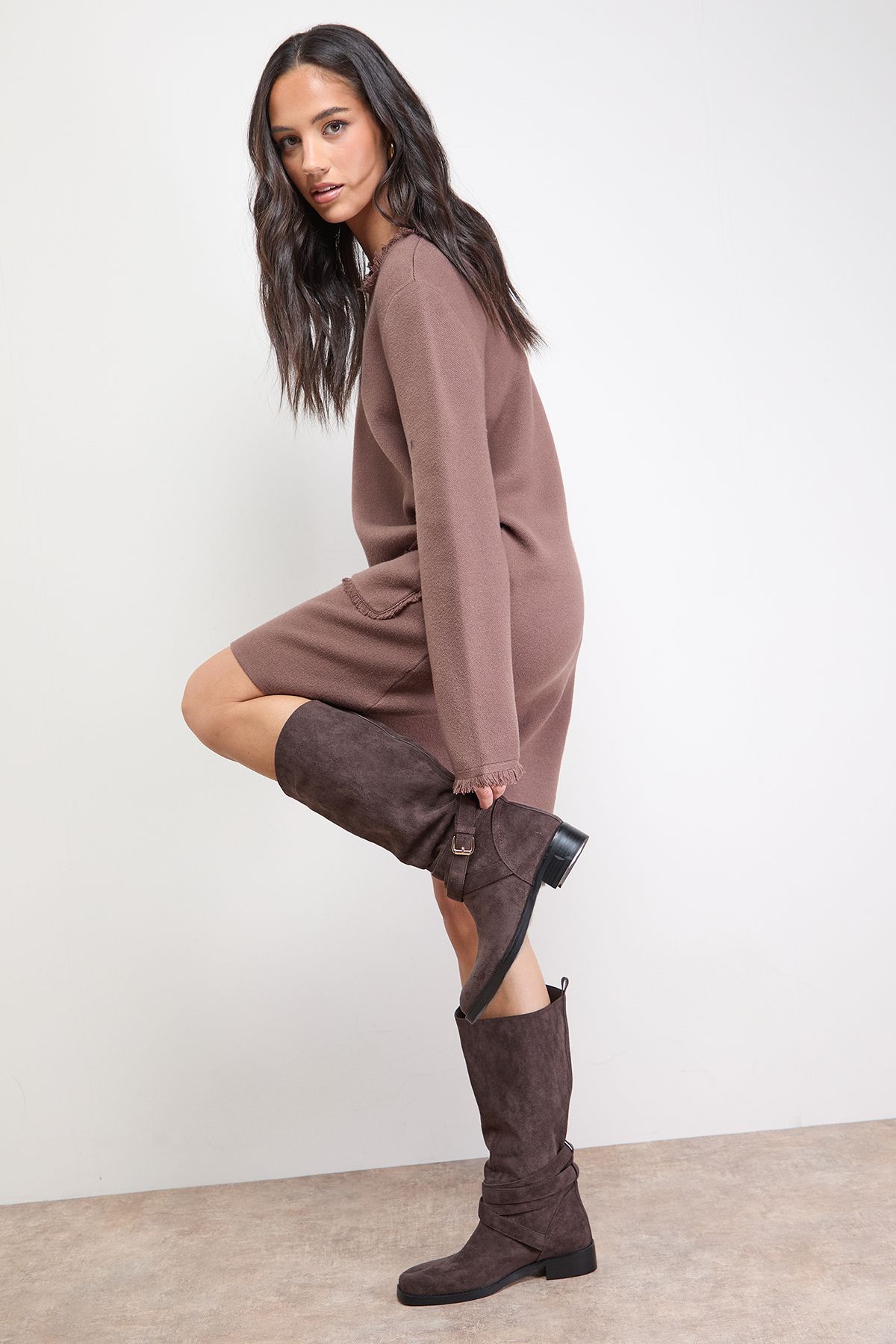 Oasis Ava Faux Suede Mid-Calf Buckle Boots Dark Brown image 2