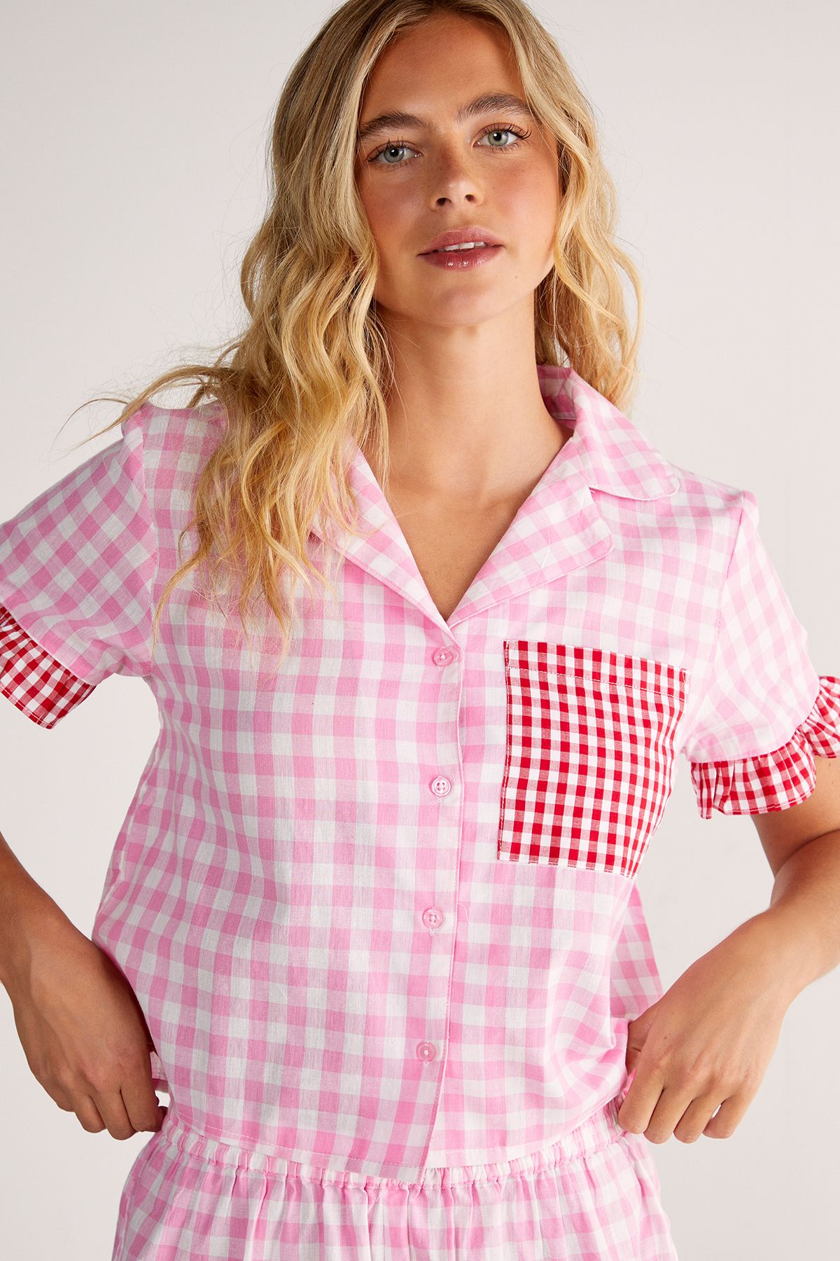 NastyGal Gingham Contrast Ruffle Pajama Shorts Set Pink image 3