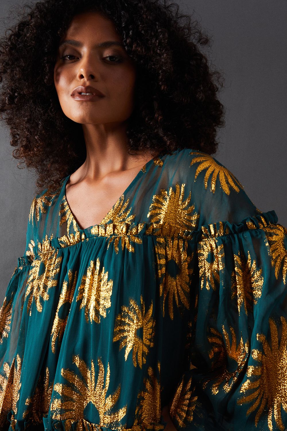 Warehouse Sun Metallic Jacquard Frill Detail Mini Smock Dress Dark Green image 2