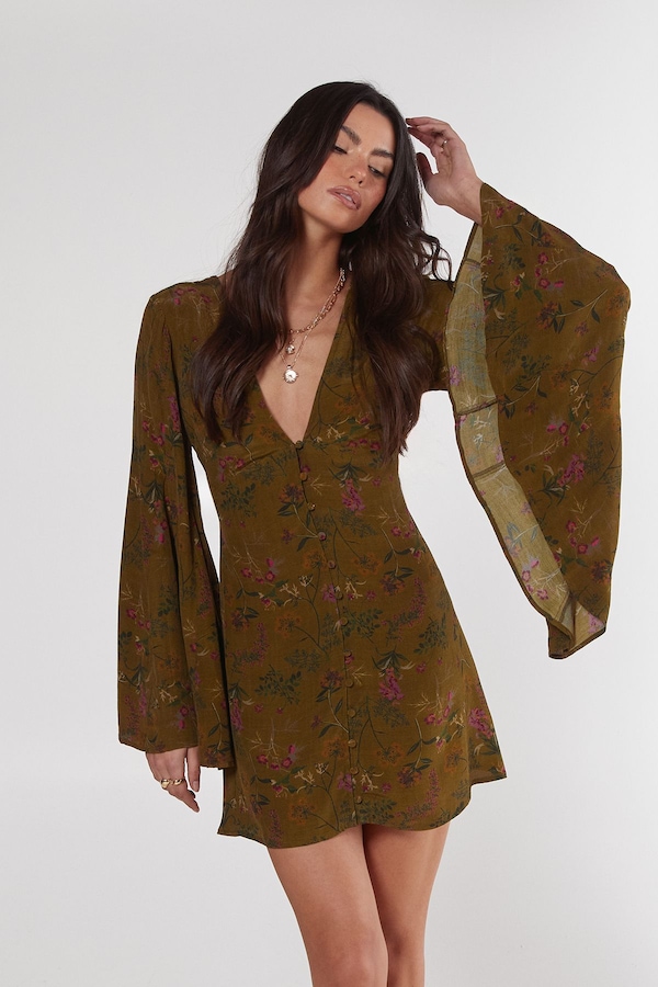 NastyGal Floral Print Extreme Sleeve Button Down Mini Dress Khaki