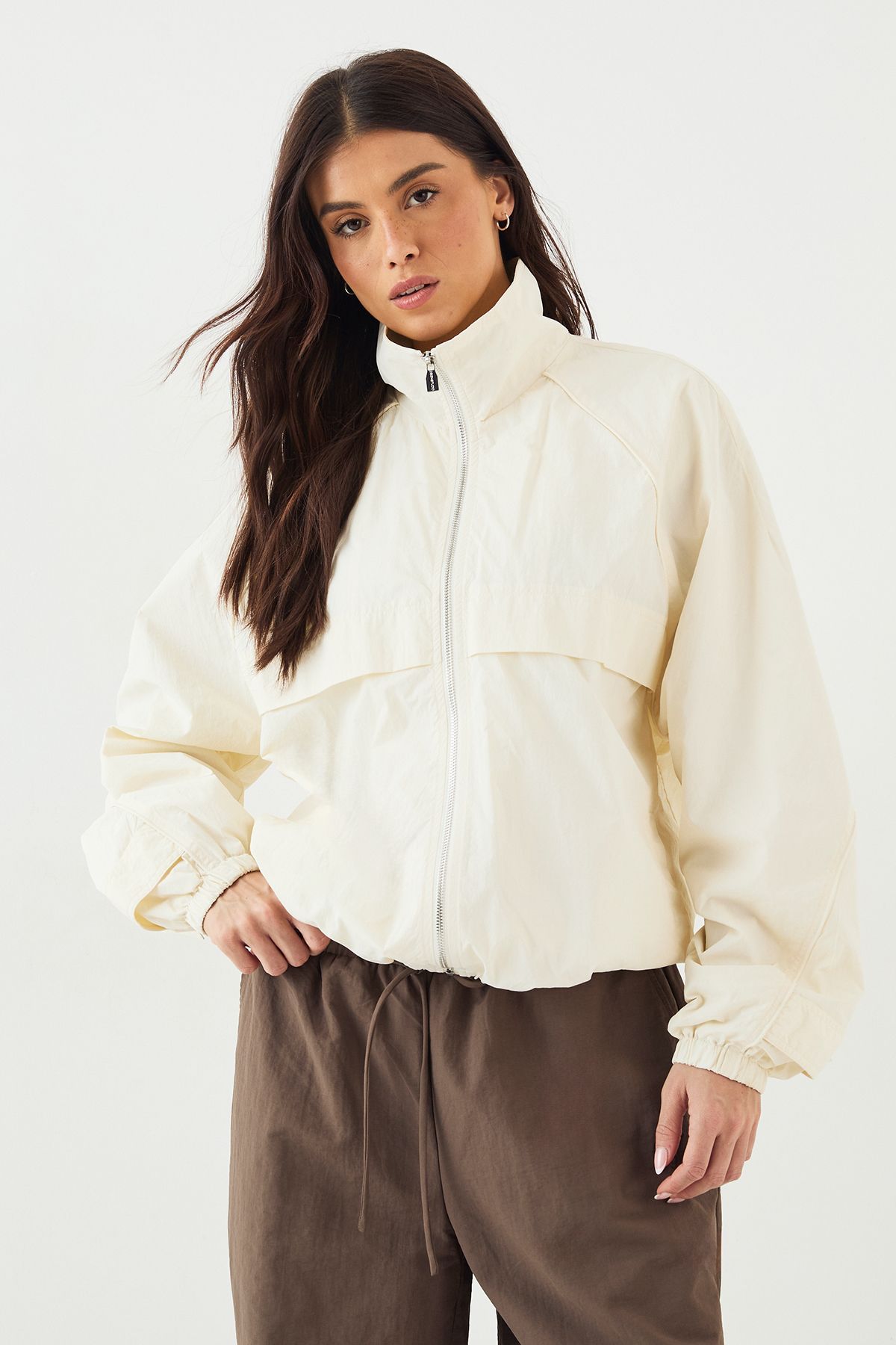 DSGN Studio DSGN Studio Nylon Zip Through Funnel Neck Track Jacket Cream image 1