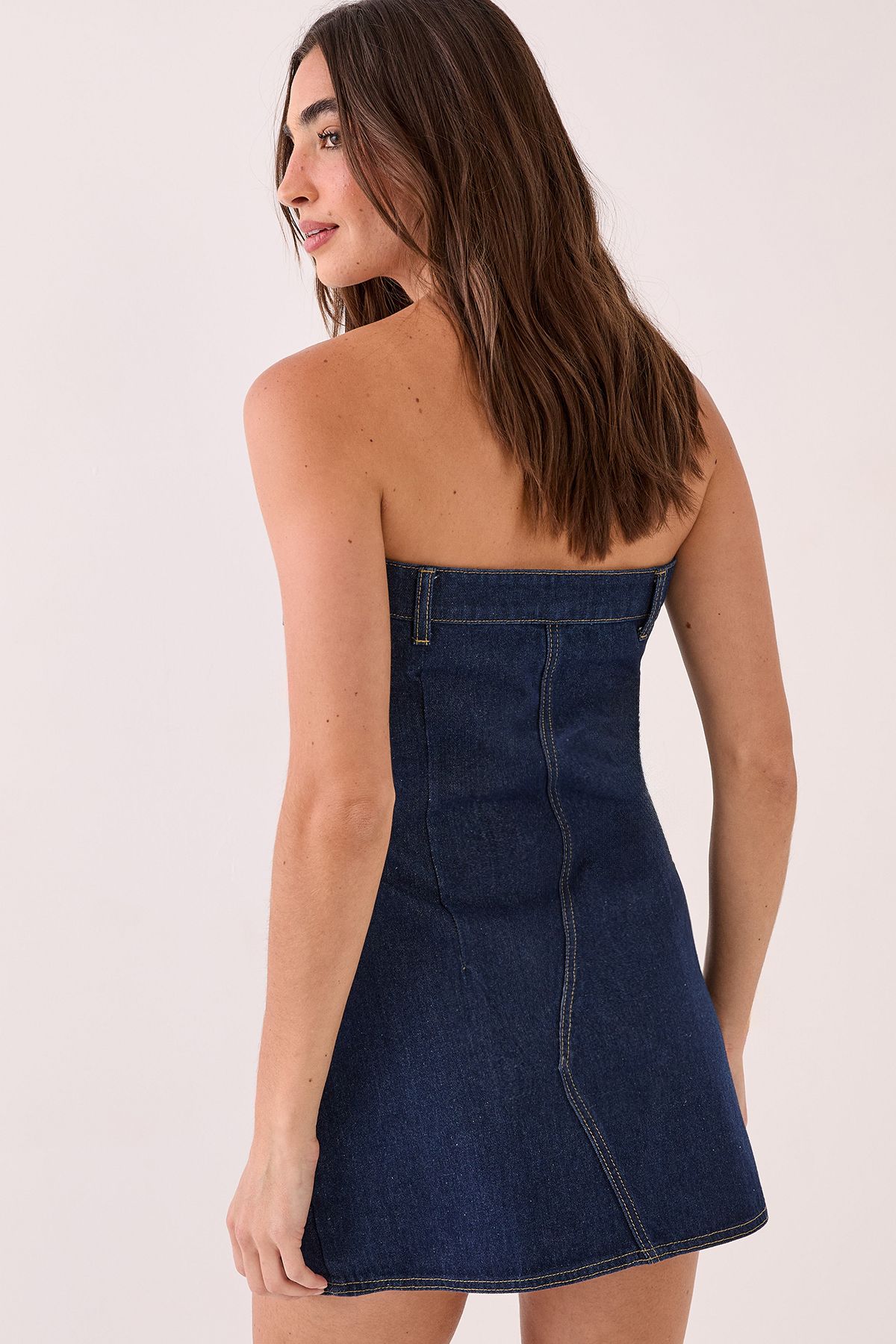 NastyGal Bandeau Denim Pocket Mini Dress Indigo image 4