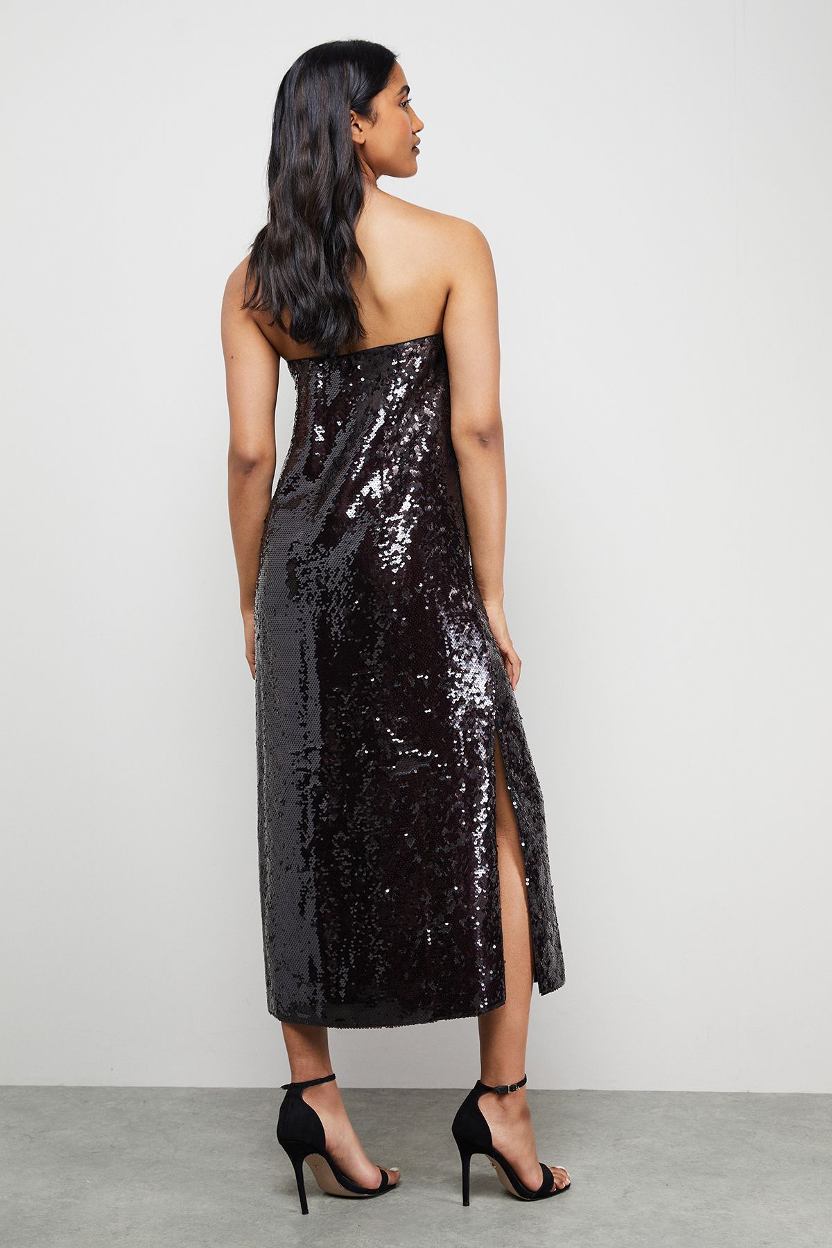 Warehouse Sequin Bandeau Midi Dress Black Chocolate image 3