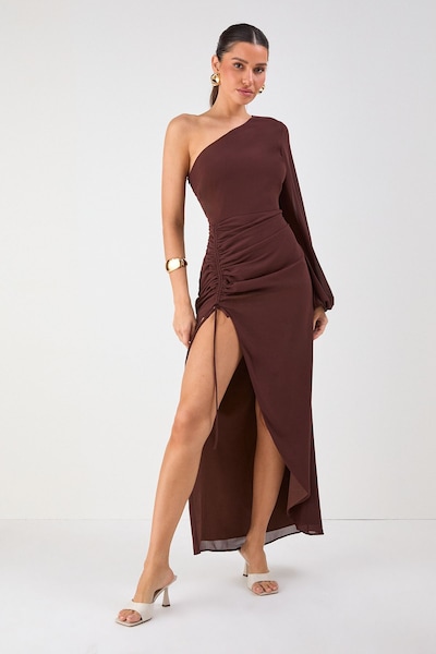 MissPap One Shoulder Ruched Detail Maxi Dress Chocolate