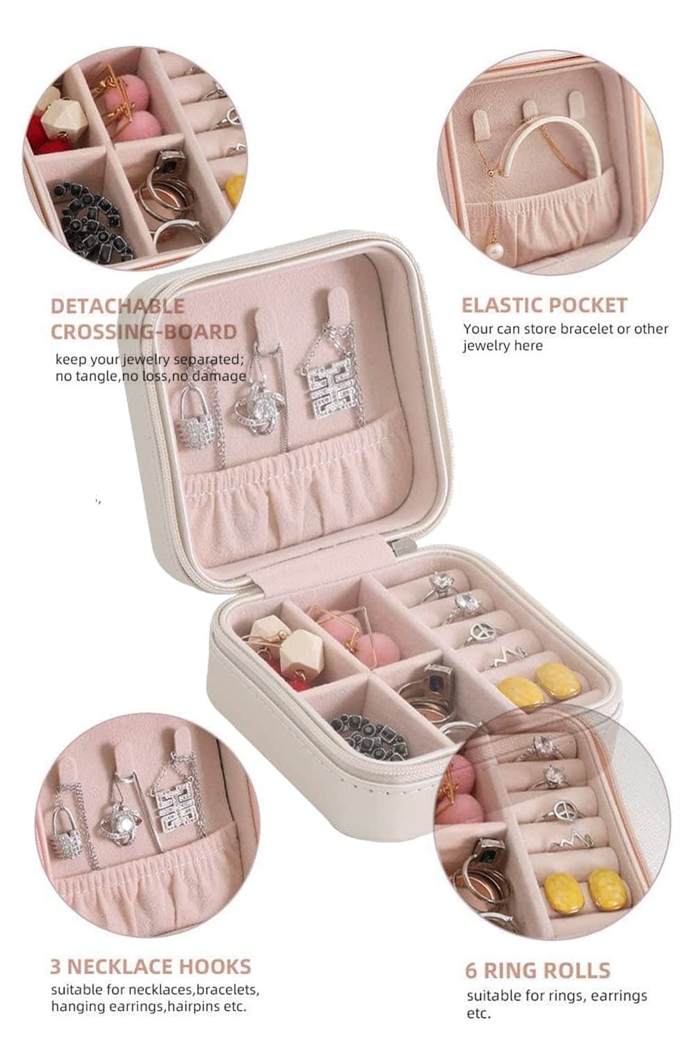 Living and Home Mini Portable PU Leather Jewelry Box Organizer Travel Jewellery Display Holder for Women image 4