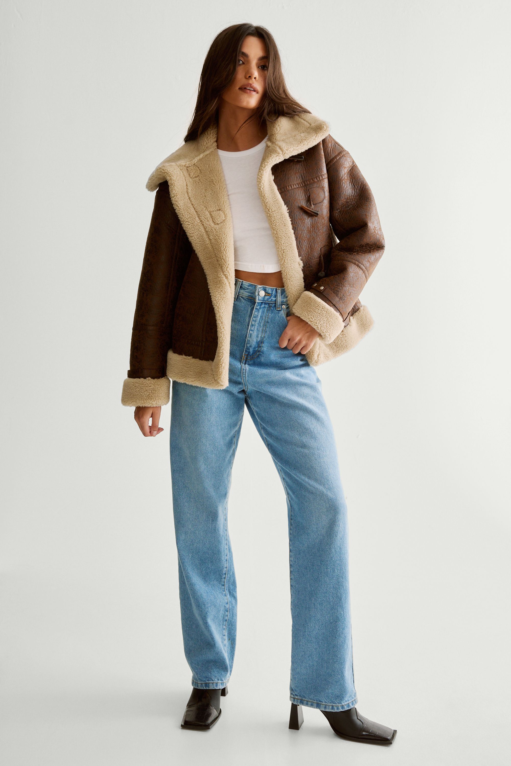 NastyGal Duffle Front Bonded Fur Aviator Brown image 2