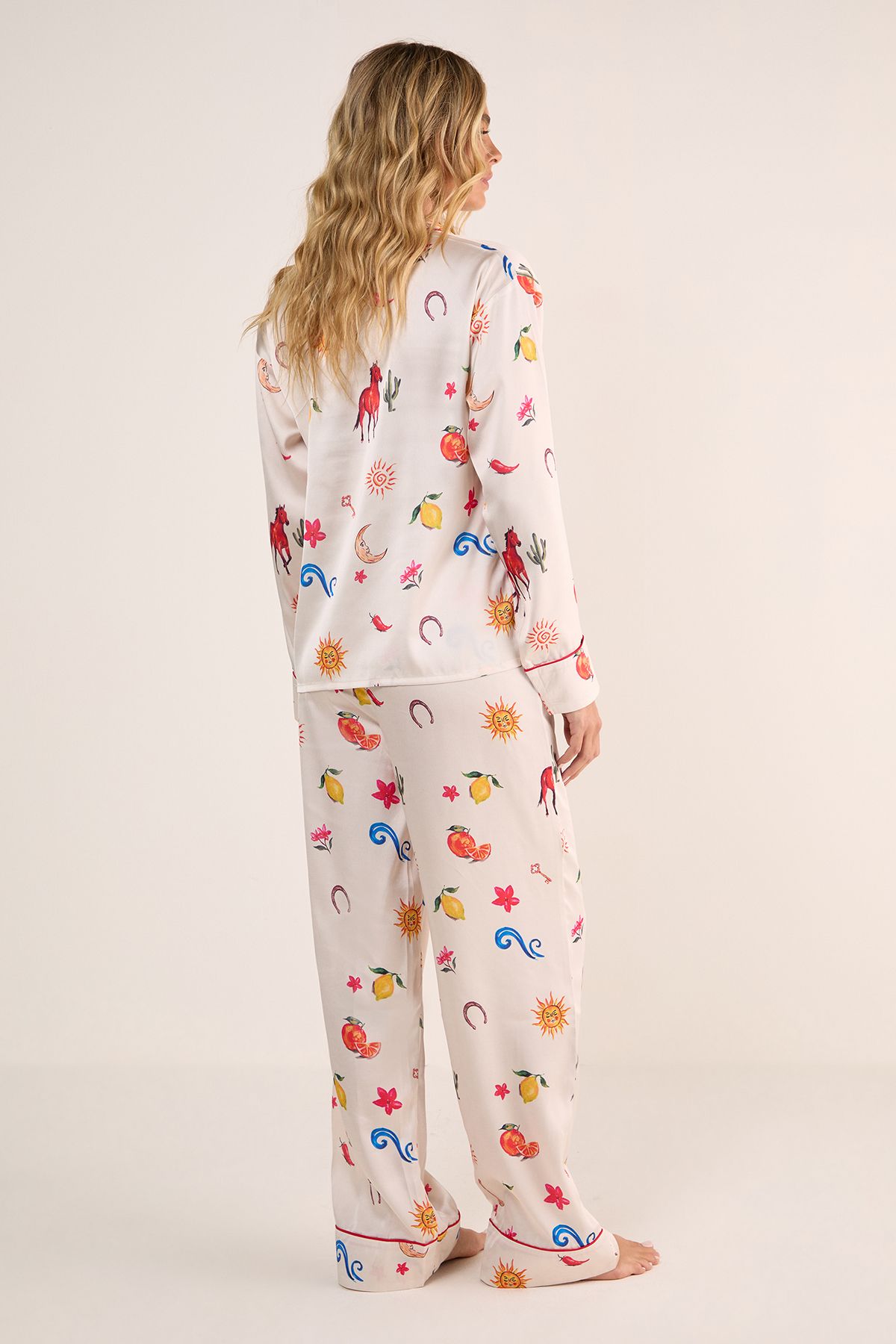 NastyGal Satin Western Conversational Contrast Piped Pajama Pants Set Champagne image 4