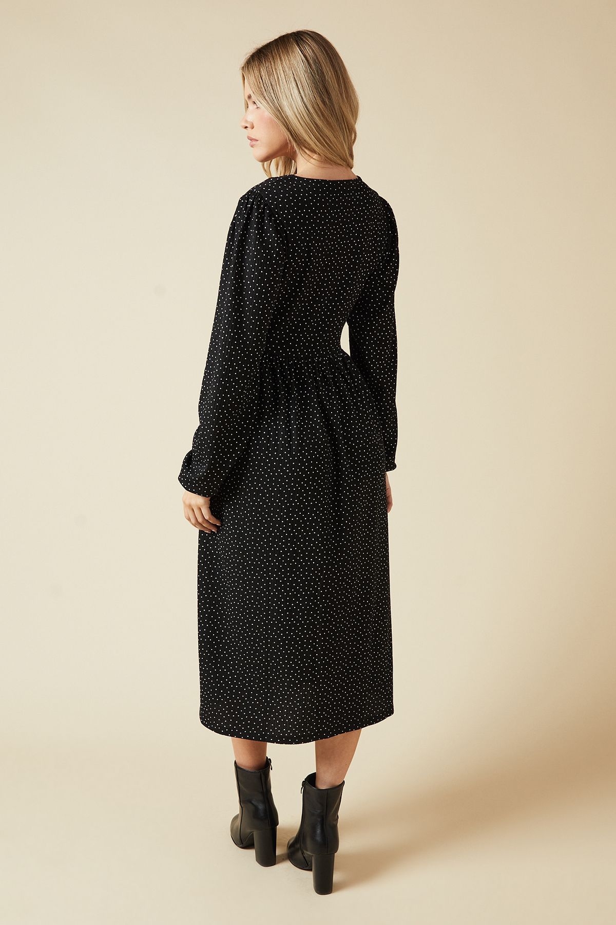 Dorothy Perkins Mono Spot Bow Tie Front Long Sleeve Midi Dress Mono image 3