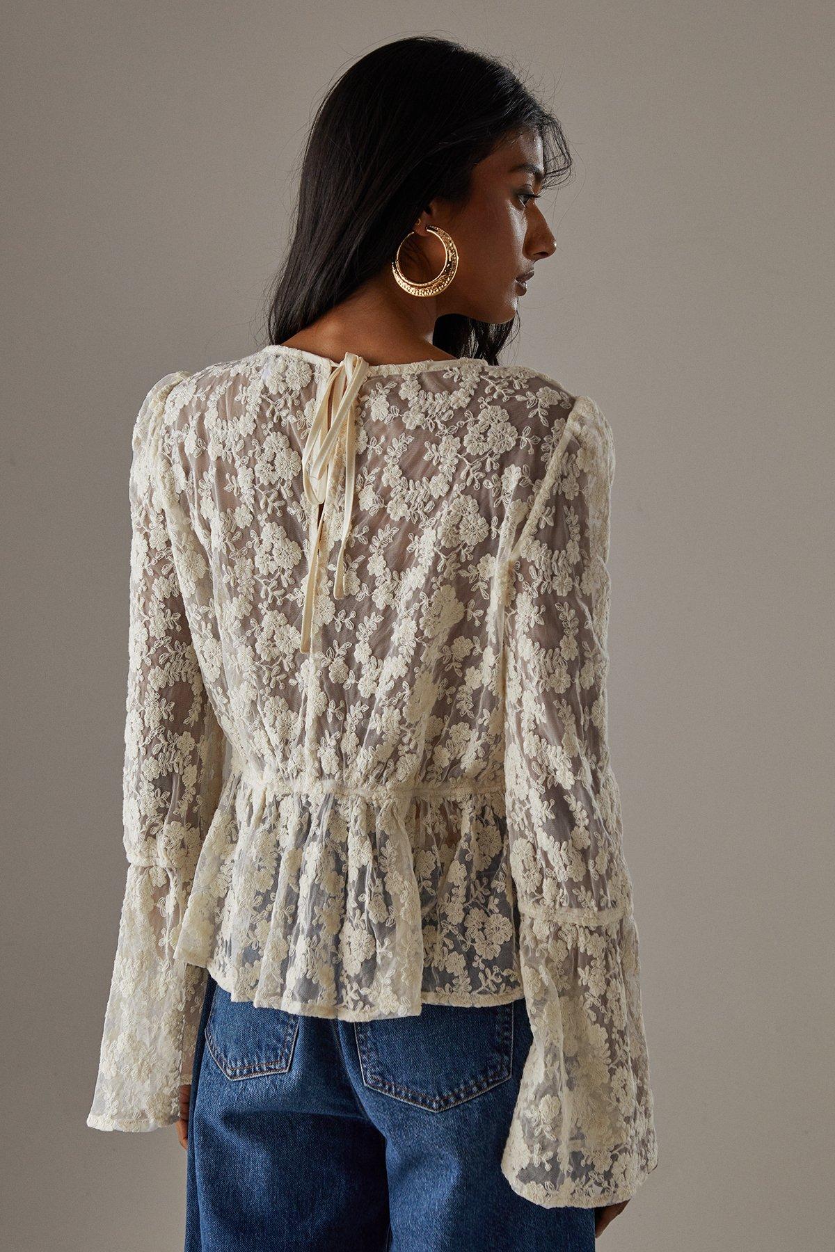 Warehouse Ivory Embroidered Mesh Flare Sleeve Blouse