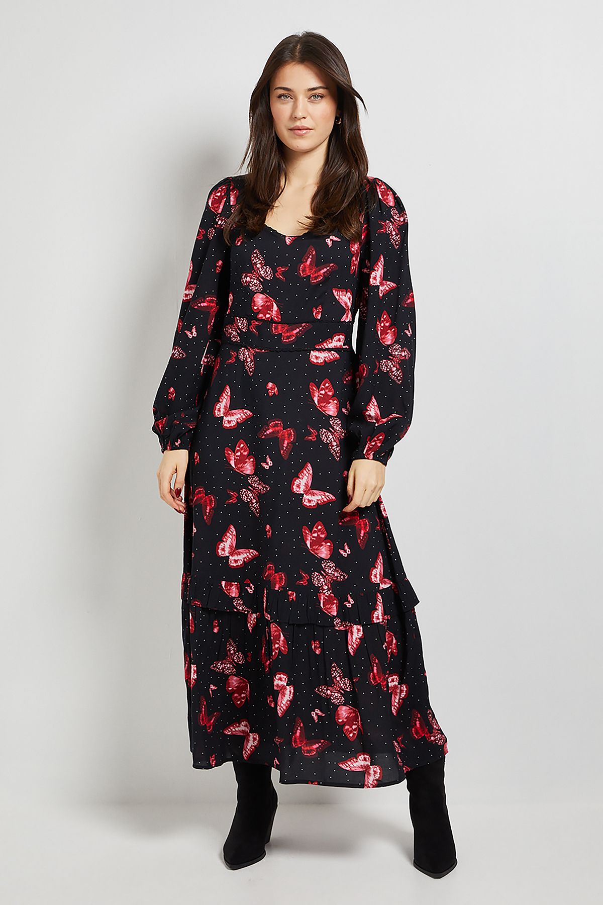 Dorothy Perkins Butterfly Sweetheart Neck Frill Tier Detail Long Sleeve Maxi Dress Pink