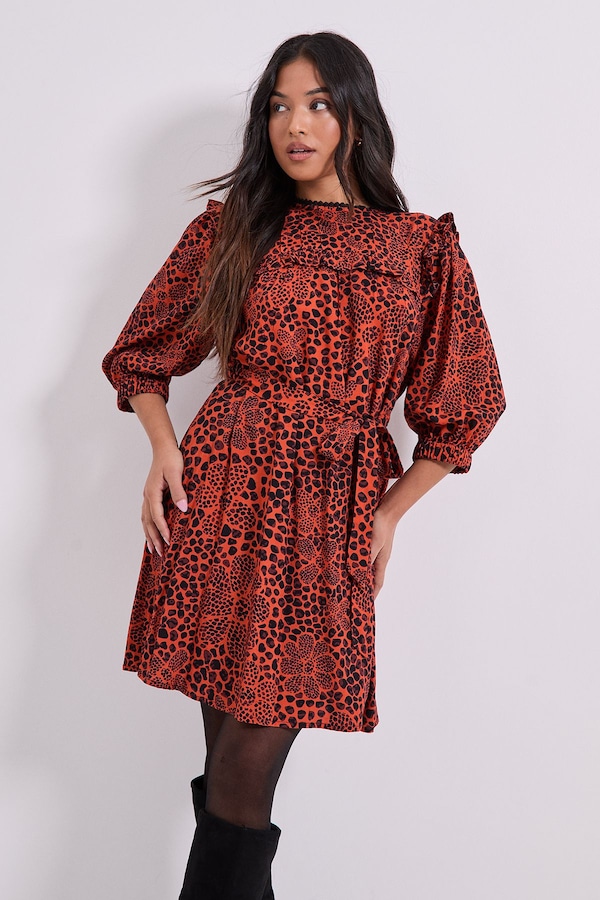 Dorothy Perkins Petite Tie Waist Yoke Frill Detail Printed Belted Mini Dresss Orange