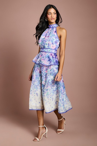 Coast Petite Placement Print Organza Halterneck Midi Dress Ivory